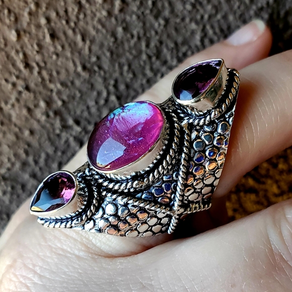 New Triplet Opal & Amethyst 925 Silver Statement Ring. - Picture 16 of 16